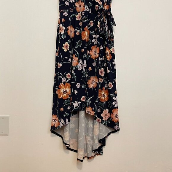 BY & BY / BY&BY Navy Blue Floral Print High Low Hi-Lo Midi Maxi Faux Wrap Dress - Picture 4 of 16